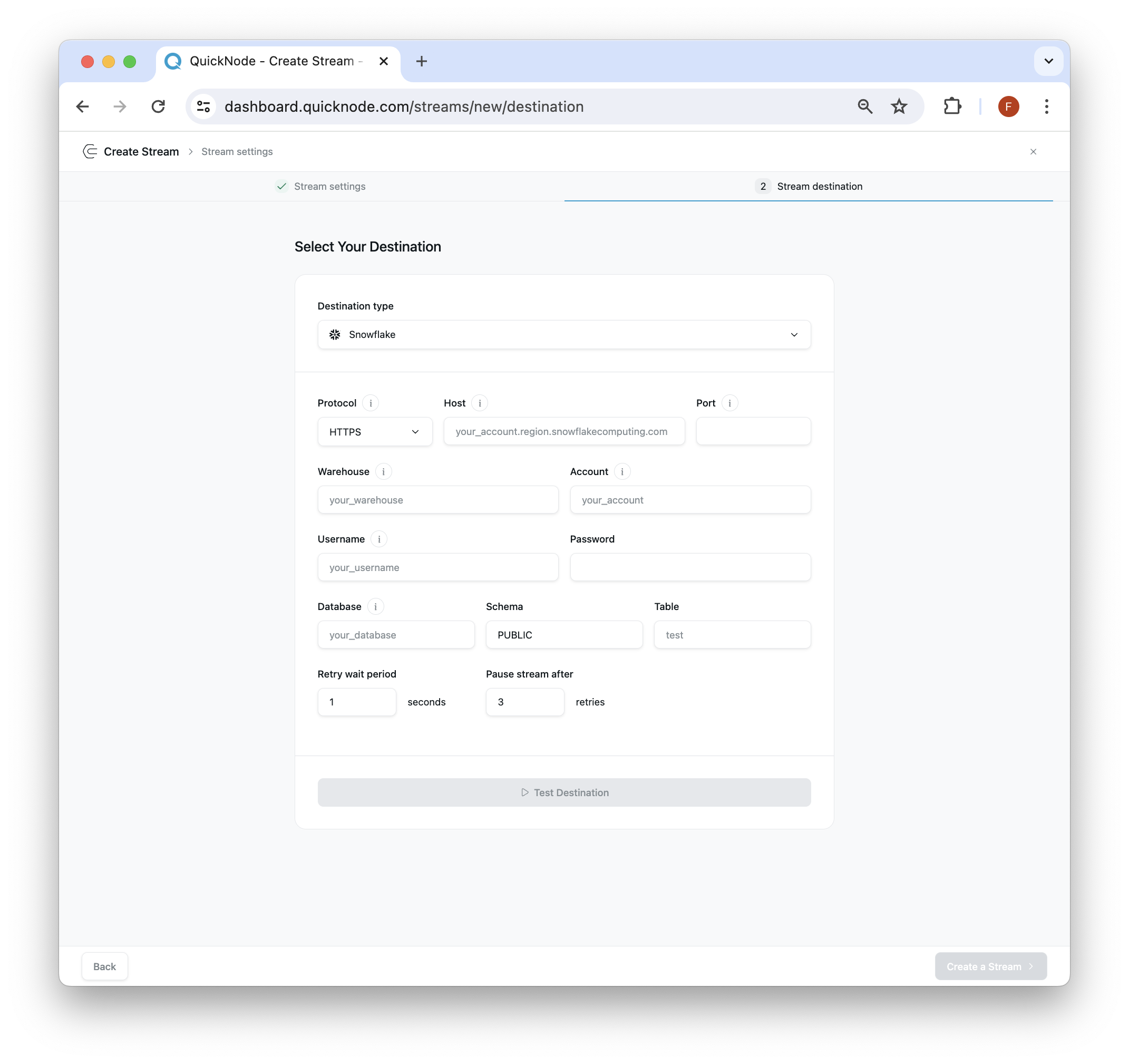 Destination Settings Snowflake