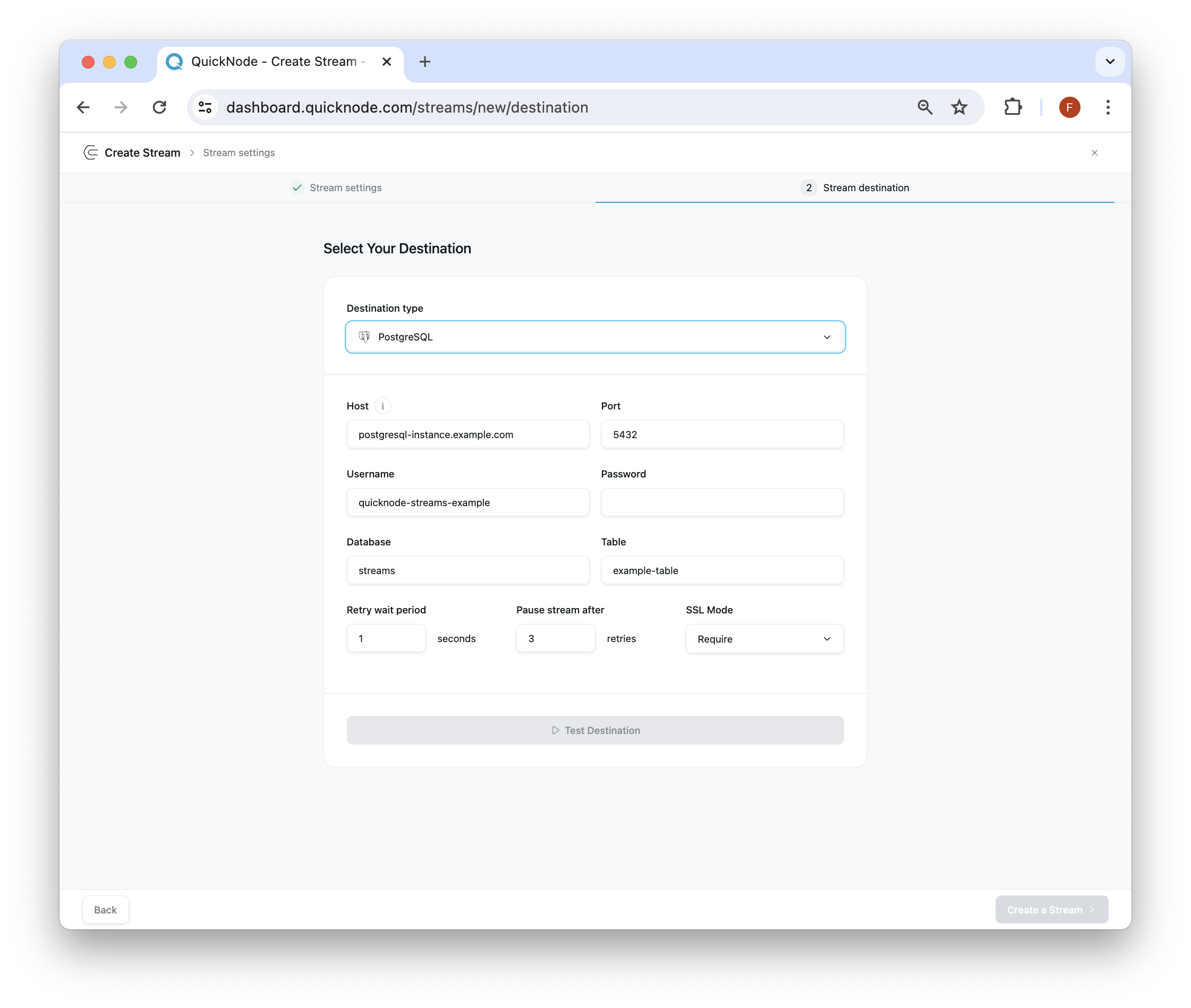 Destination Settings PostgreSQL