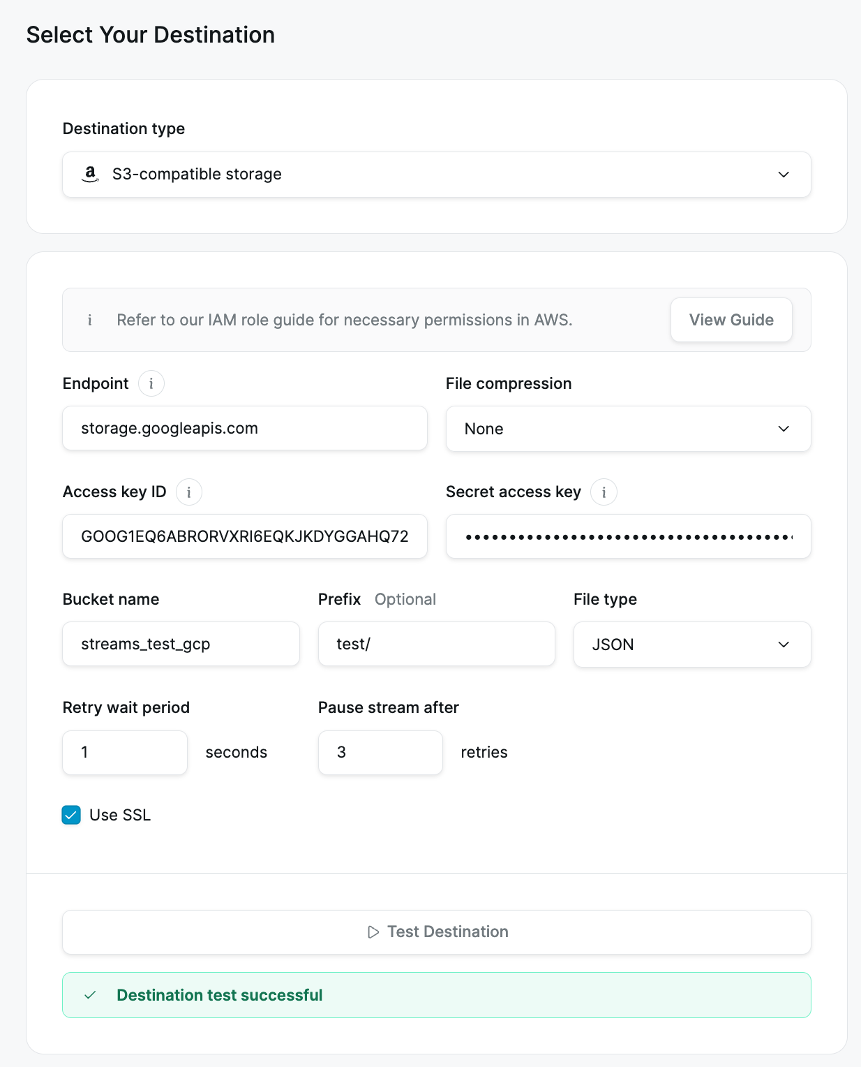 Resulting stream settings for GCP