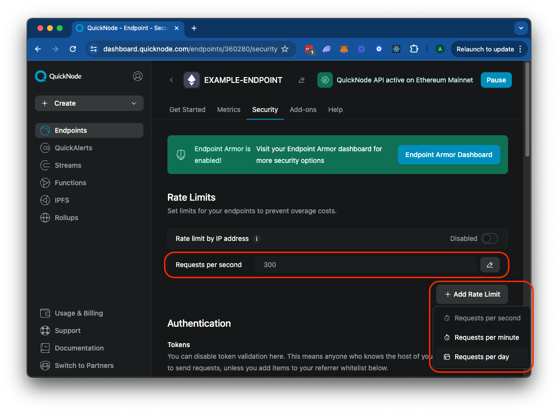 QuickNode Dashboard - Rate Limiting