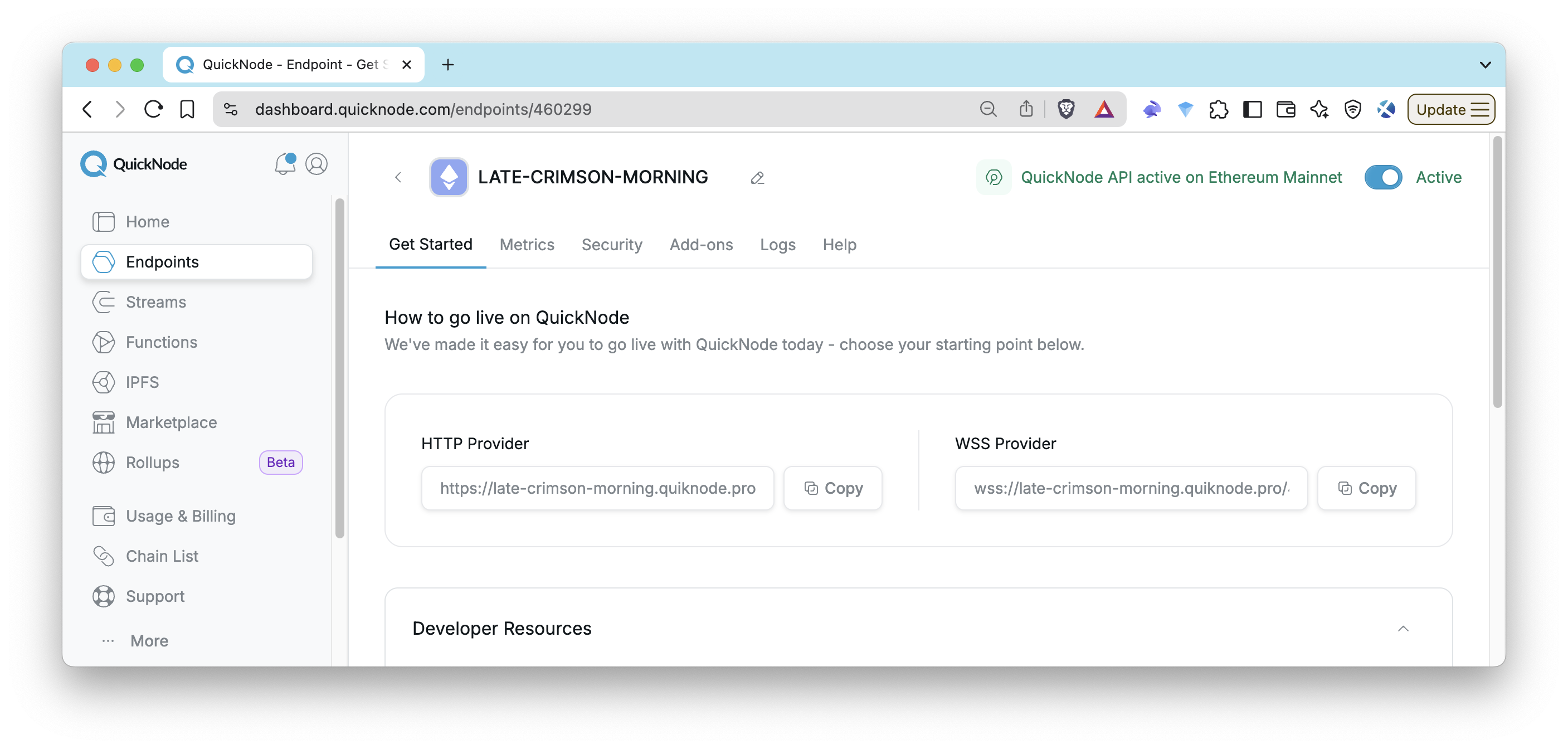 Screenshot of Quicknode Ethereum endpoint
