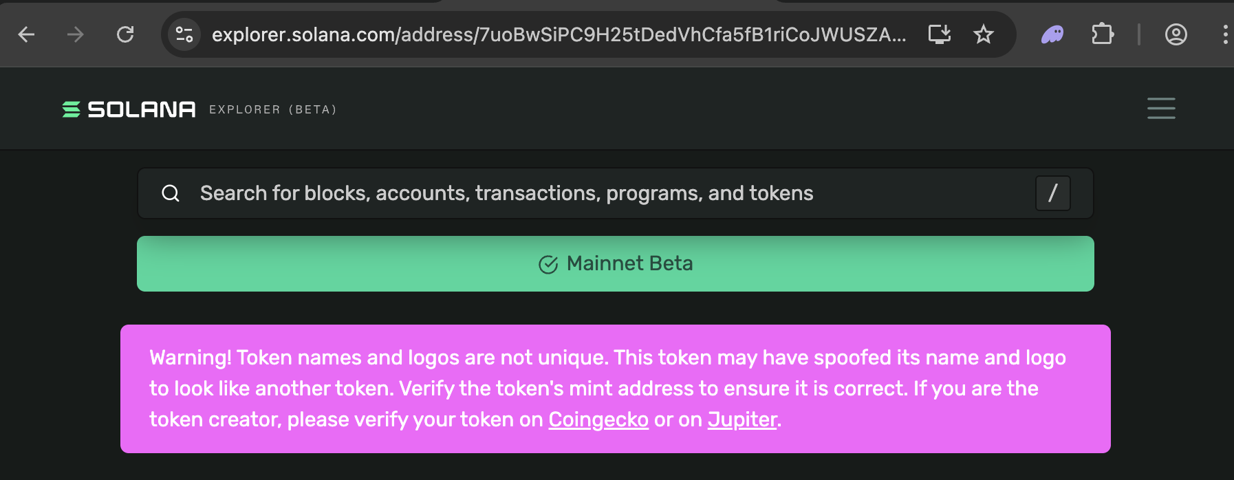Solana Explorer Token Warning