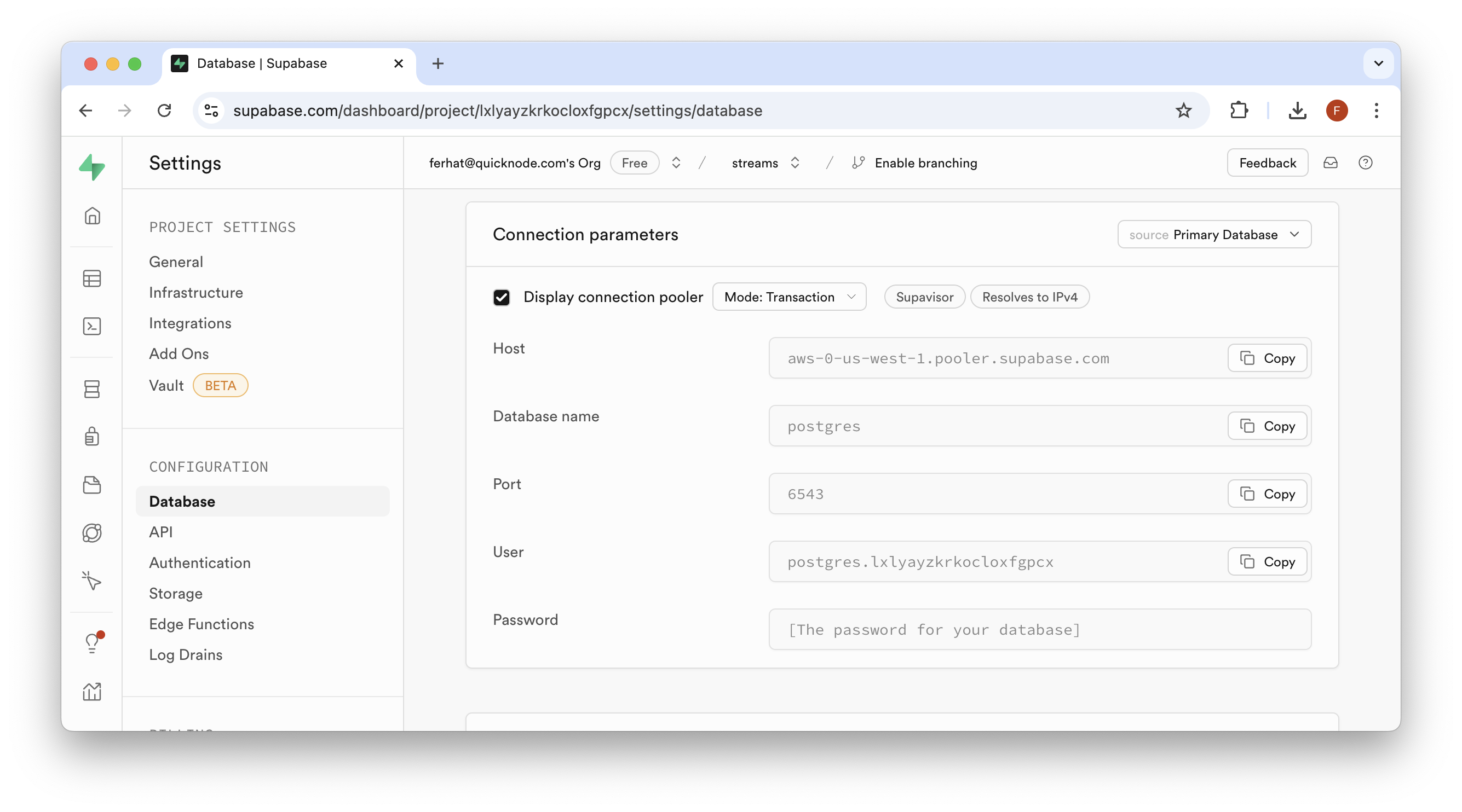 Supabase Database Settings