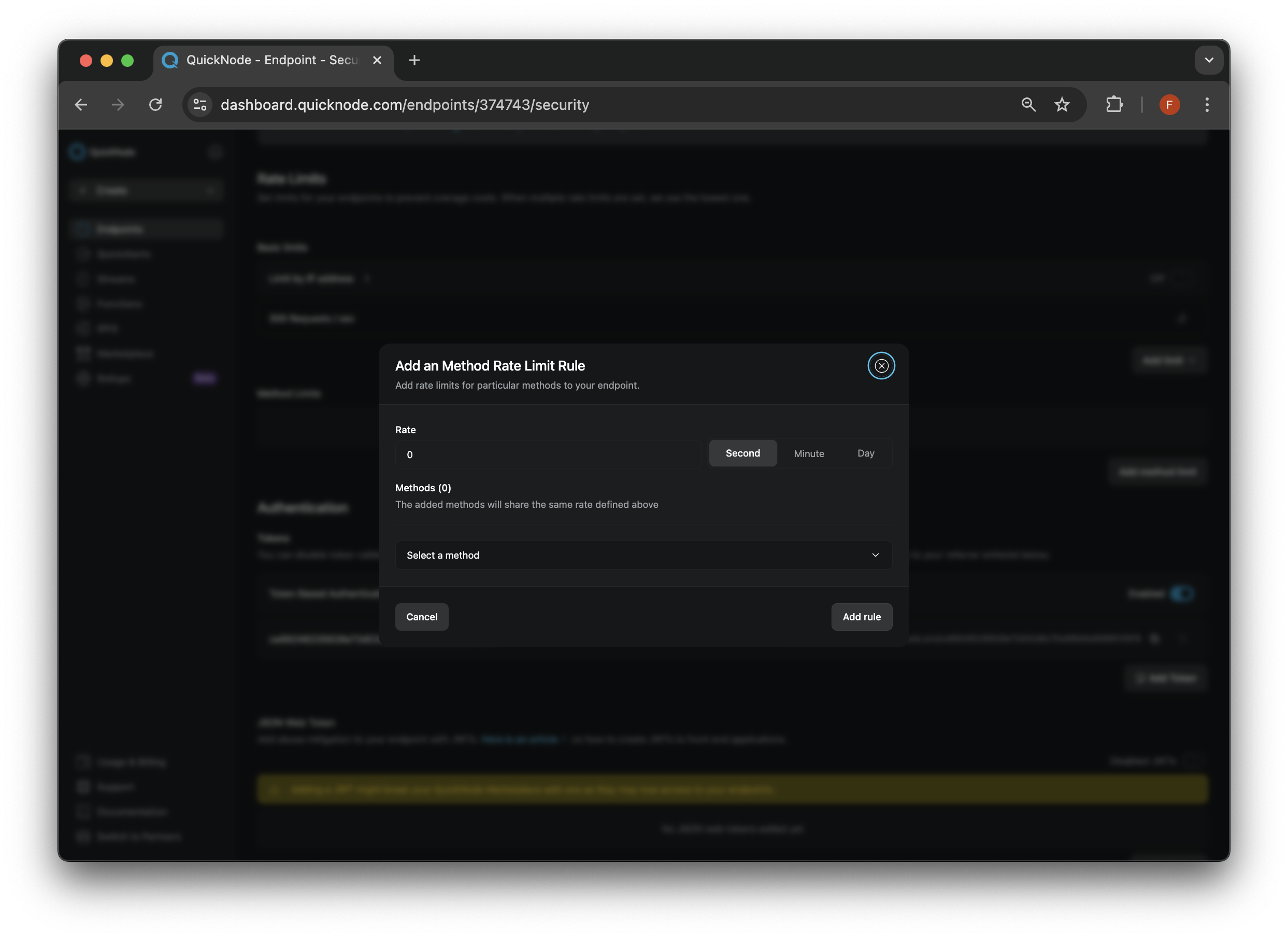 QuickNode Dashboard - Method Rate Limiting