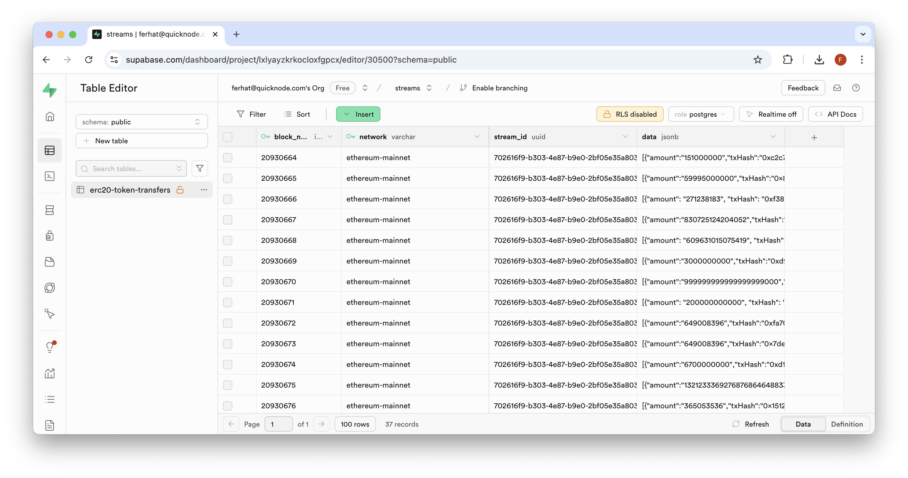 Token Transfers Streams Database