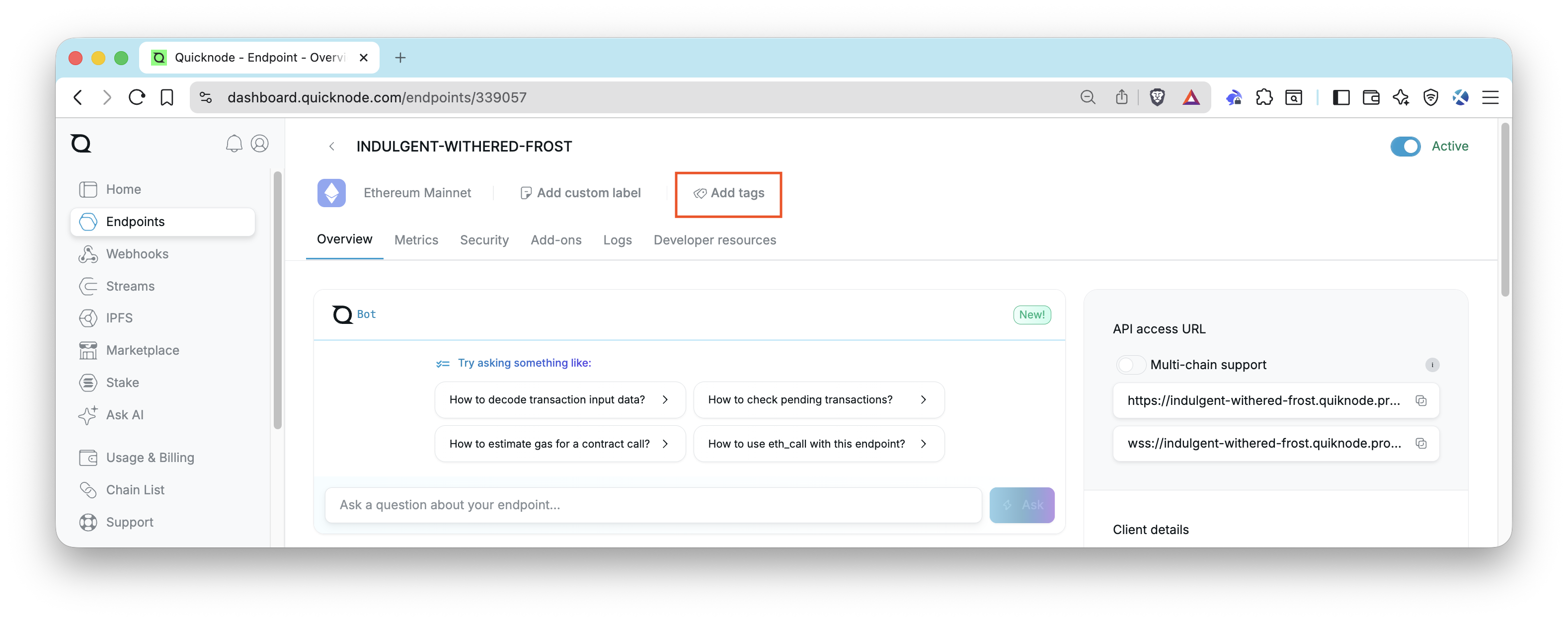 Quicknode Dashboard - Add Tags