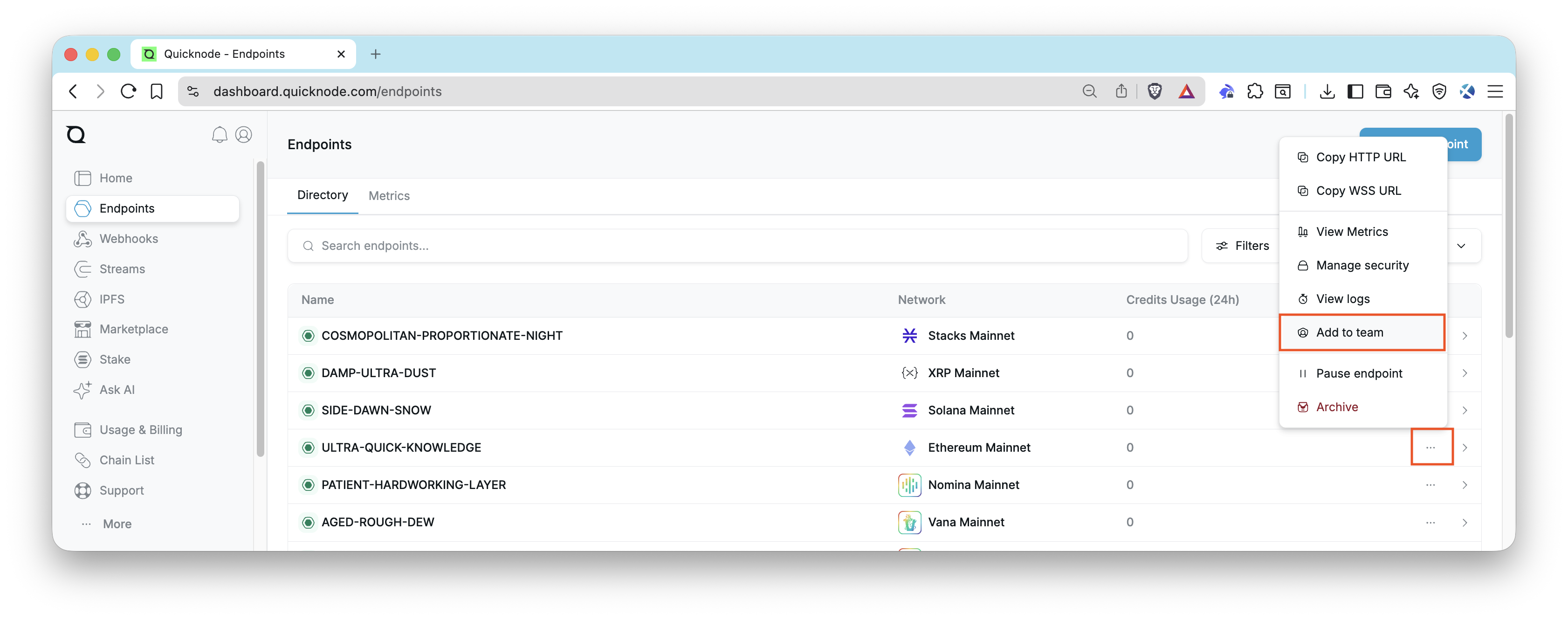 Quicknode Dashboard - Add to Team