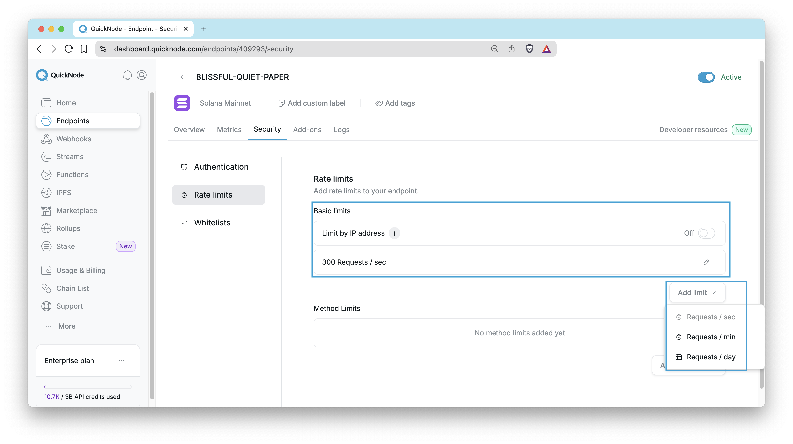 QuickNode Dashboard - Rate Limiting