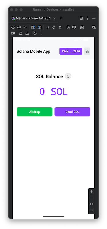 Home screen with airdrop and send SOL buttons