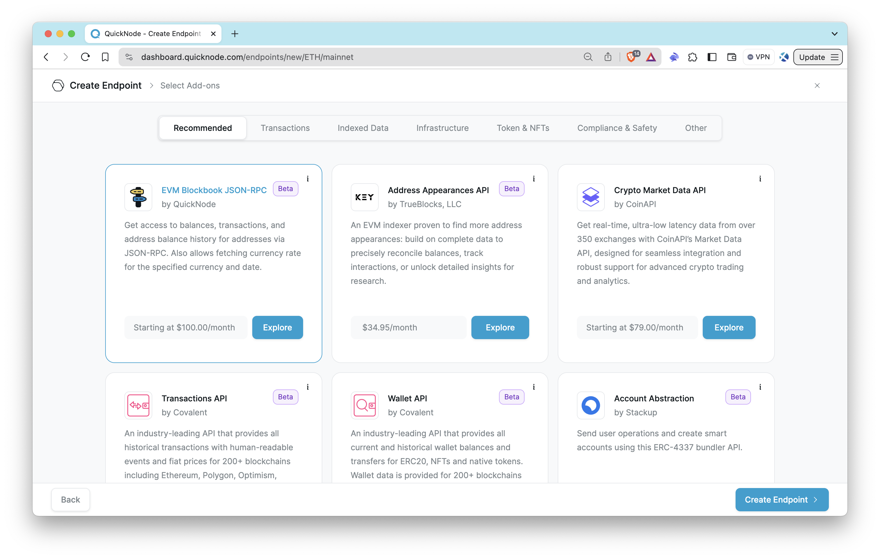 Quicknode Endpoints page