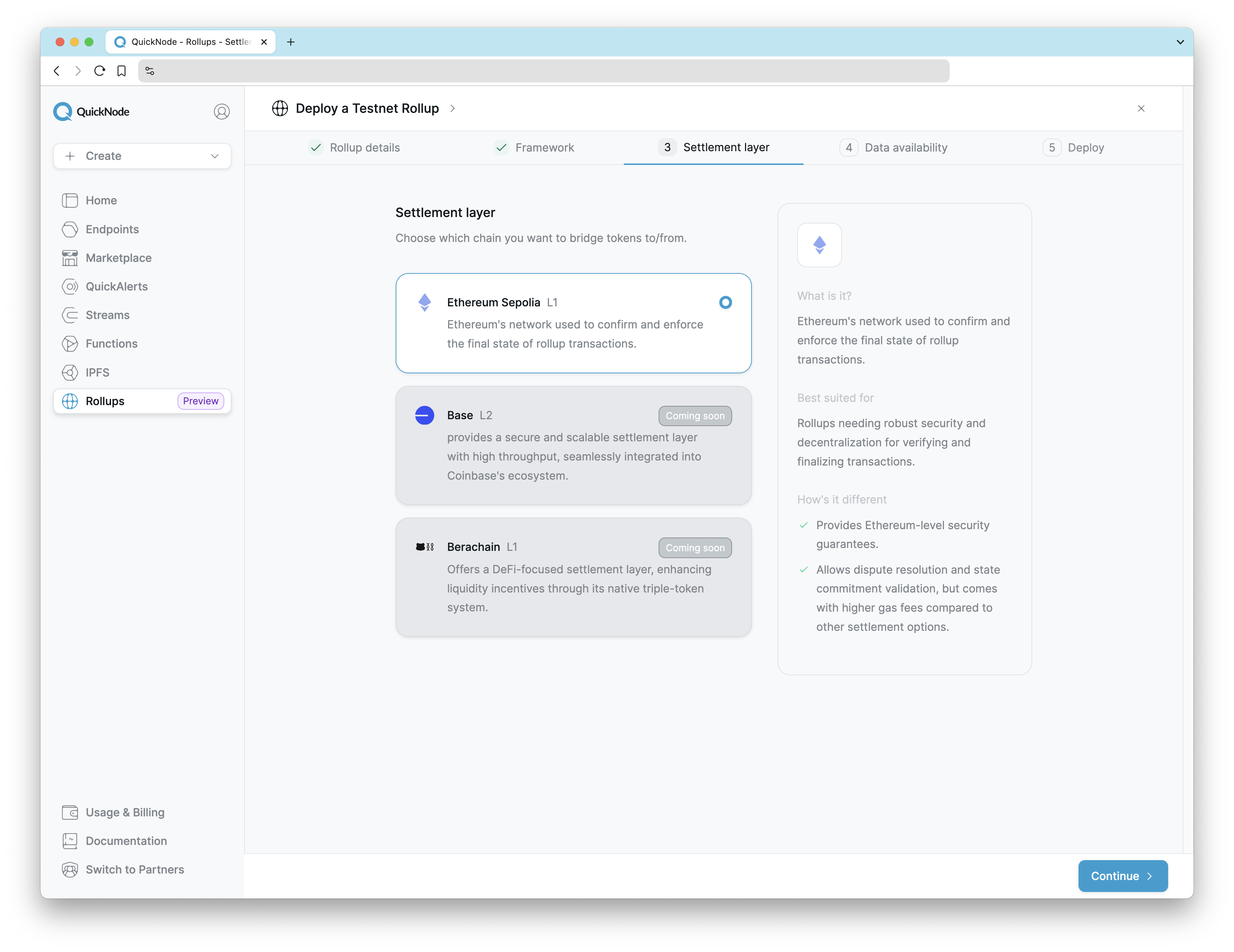 RaaS Dashboard - Settlement Layer Selection