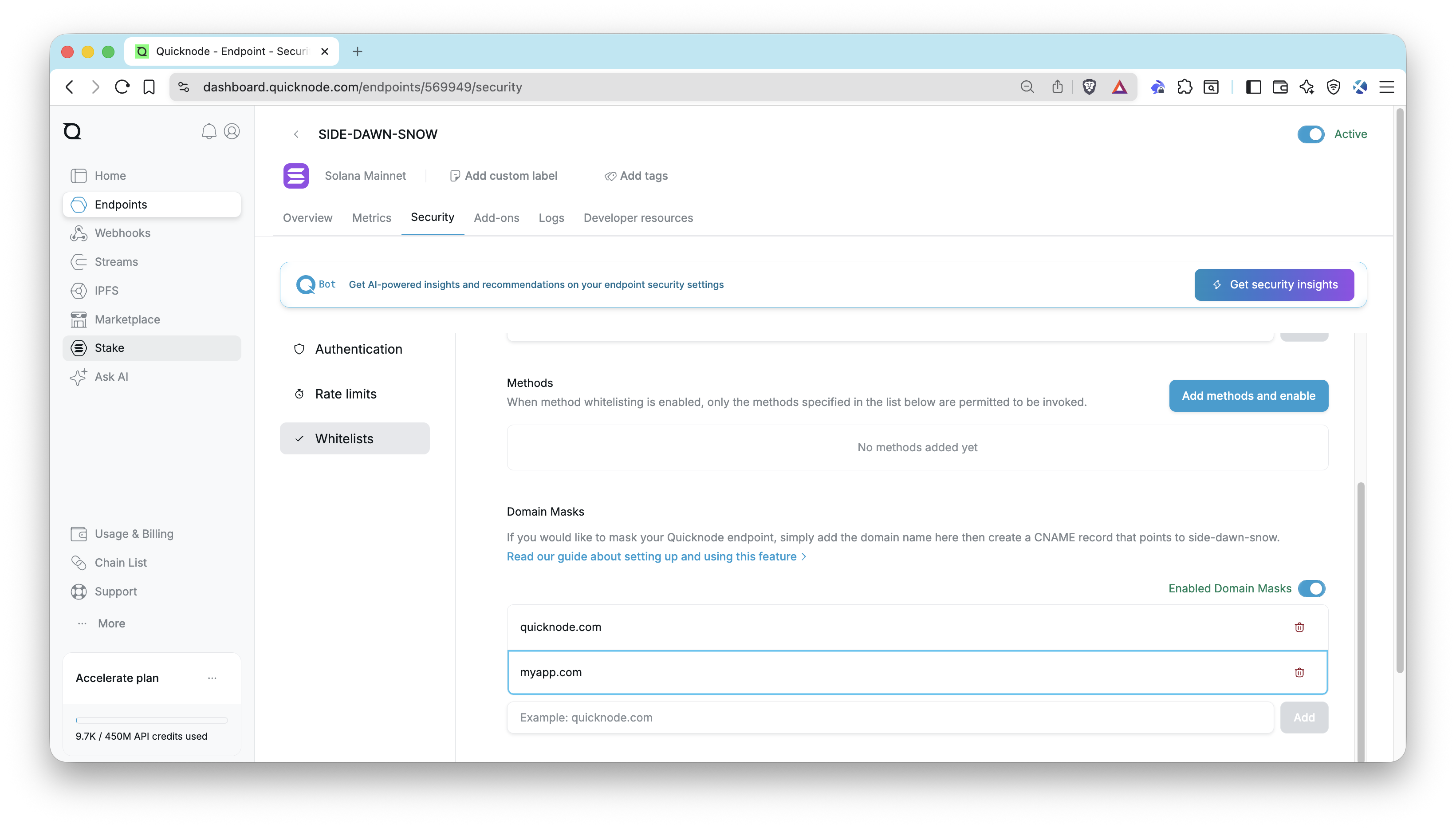 Quicknode Dashboard - Domain Whitelisting