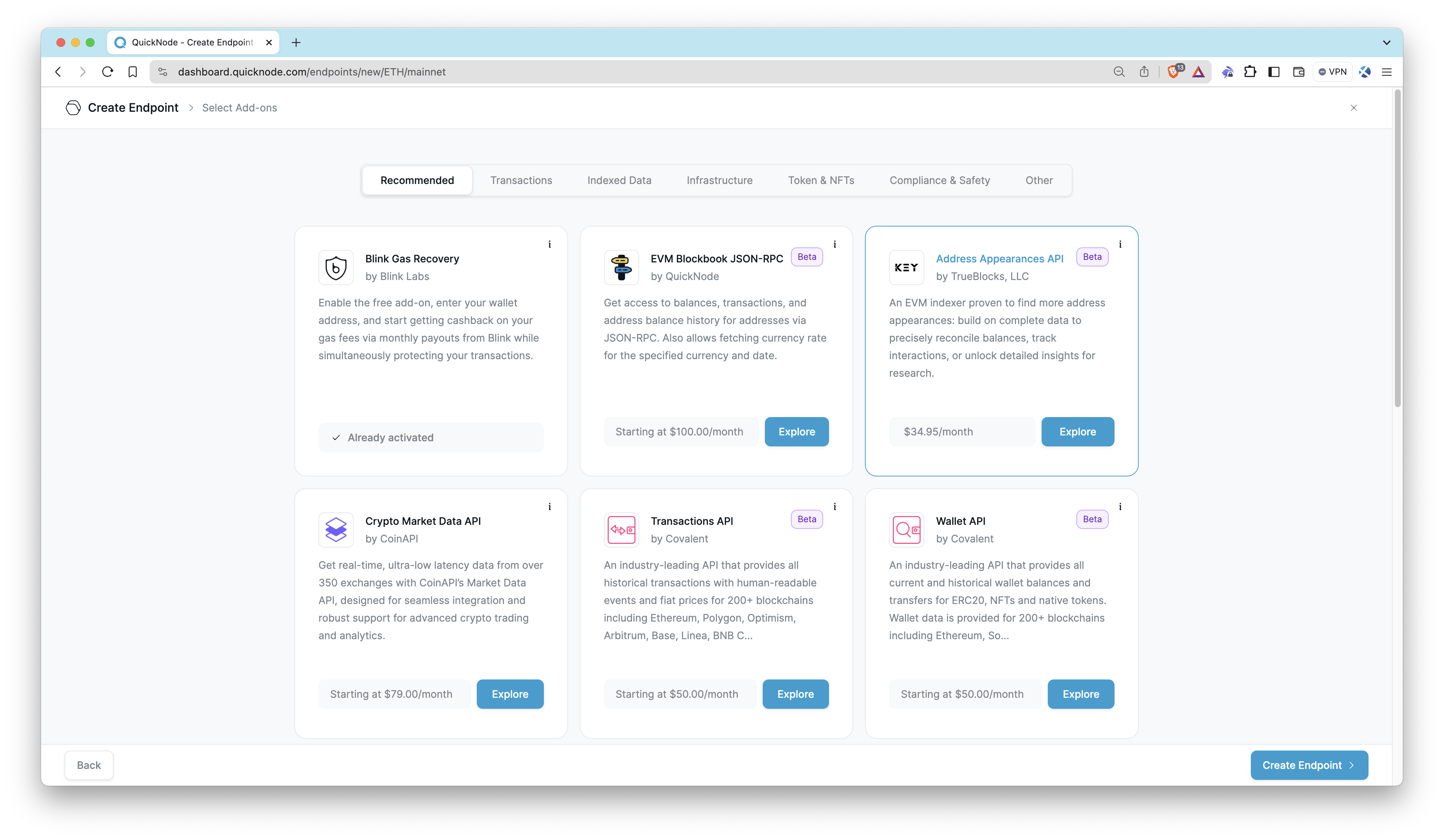 Quicknode Endpoints page