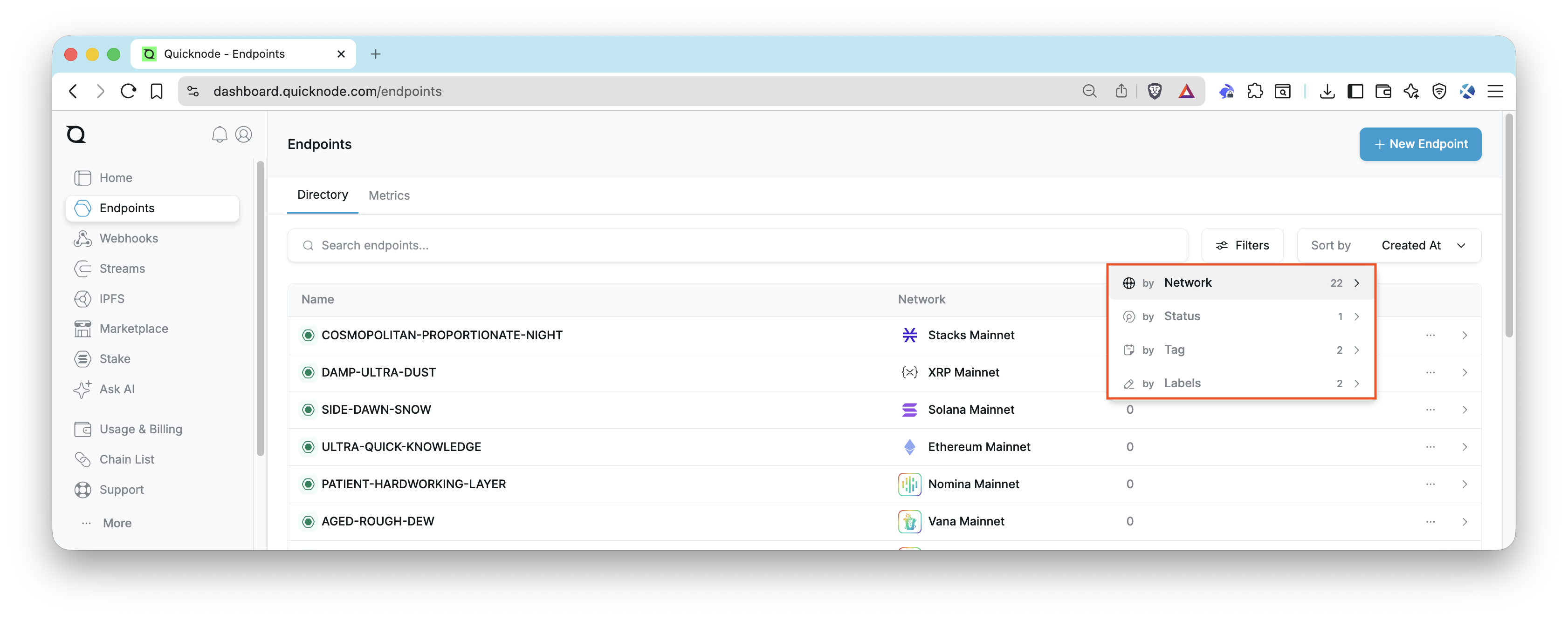 Quicknode Dashboard - Filters