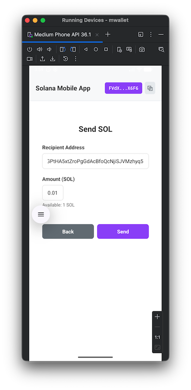 Send SOL form with recipient and amount fields