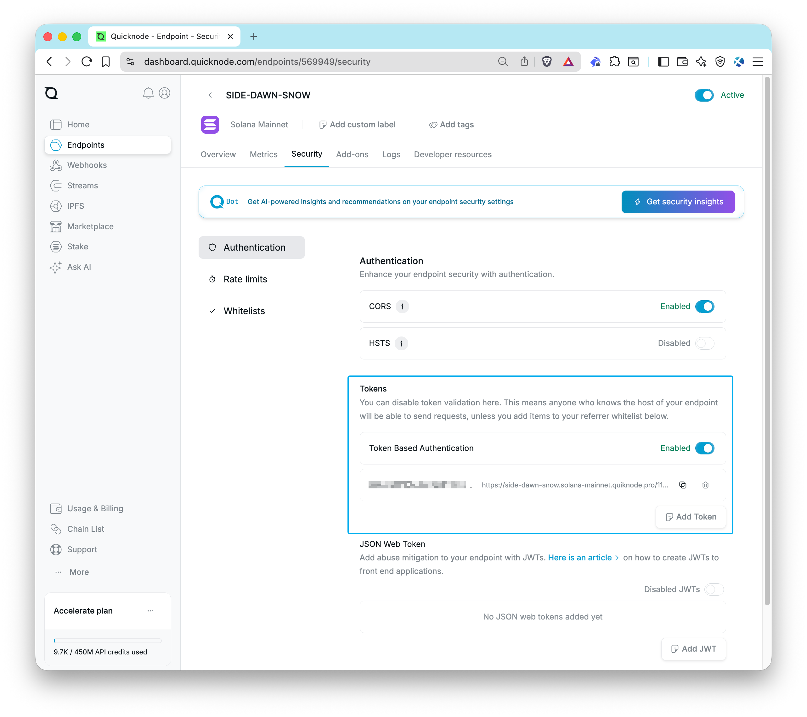 Quicknode Dashboard - Token Based Authentication - Rotate Keys